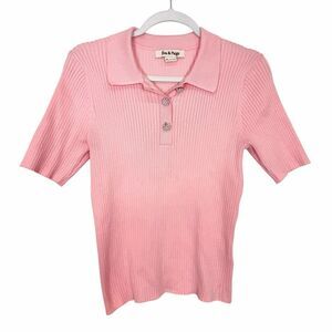 Eva & Paige Pink Ribbed Knit Polo Shirt Pearl Beaded Button Top Large LP Womens